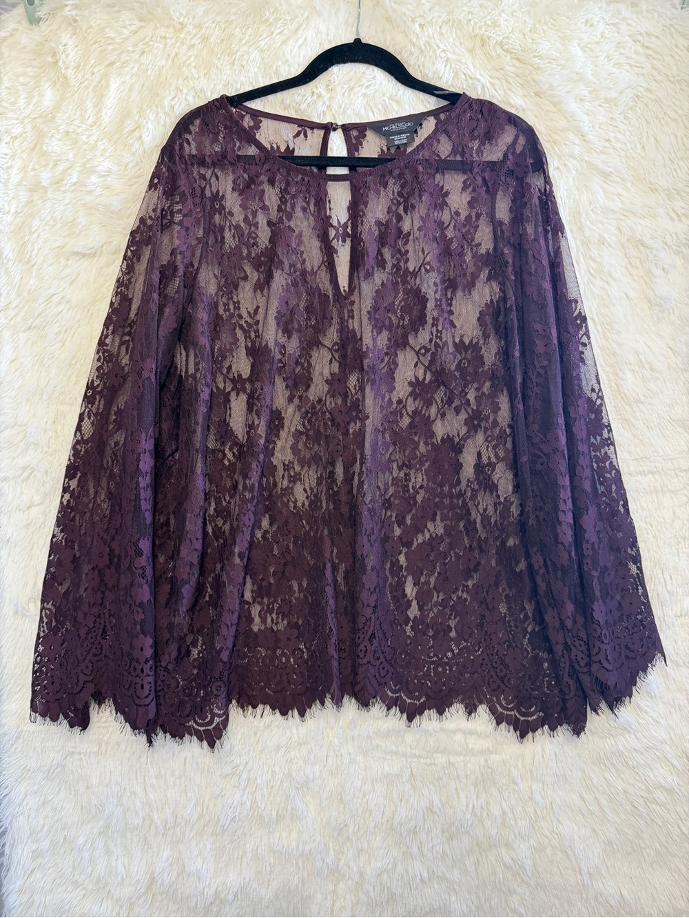 Michel Studio Womens Whimsigoth Floral Lace Overlay Top 3X Purple Fairy Grunge